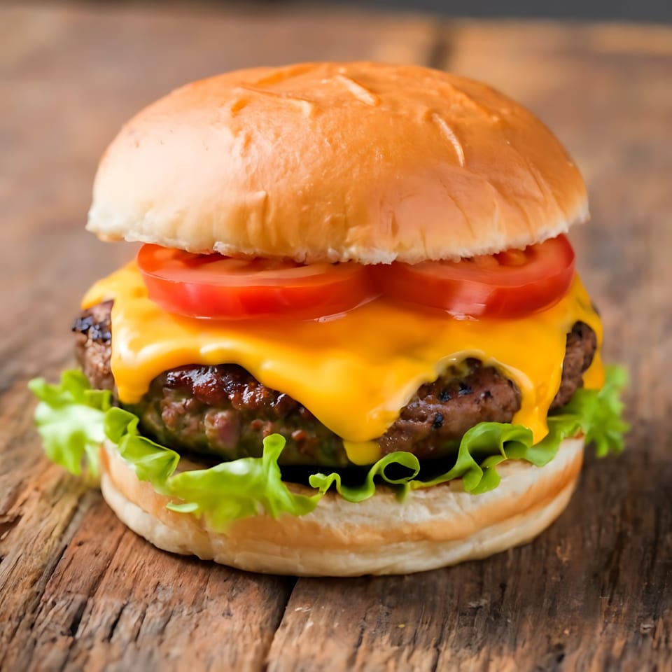 A delicious cheeseburger from AMERICA'S BEST WINGS, with melted cheese, lettuce, and tomato on a bun.