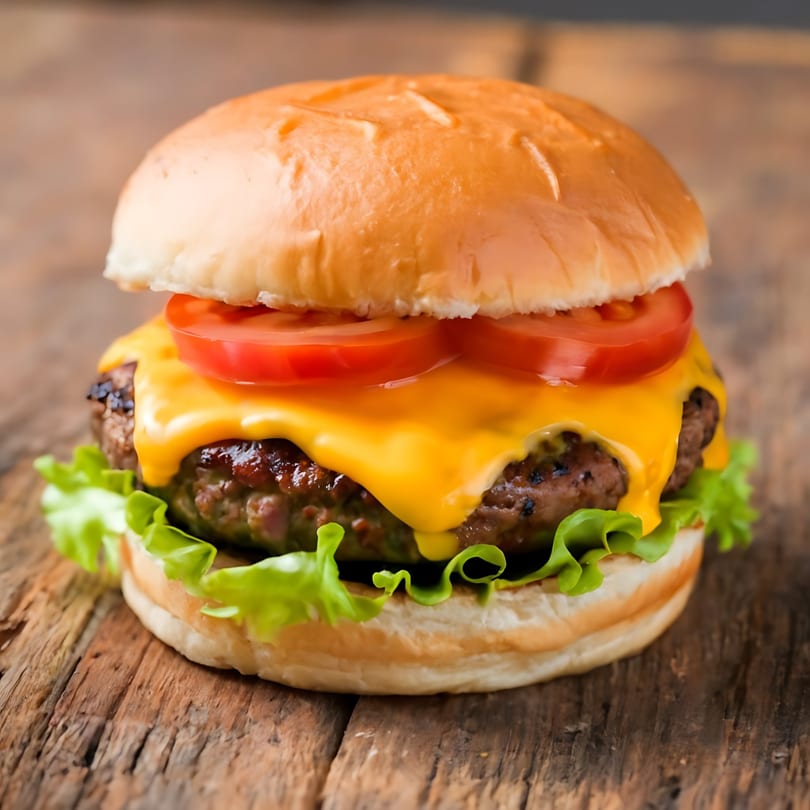 A delicious cheeseburger from AMERICA'S BEST WINGS, with melted cheese, lettuce, and tomato on a bun.