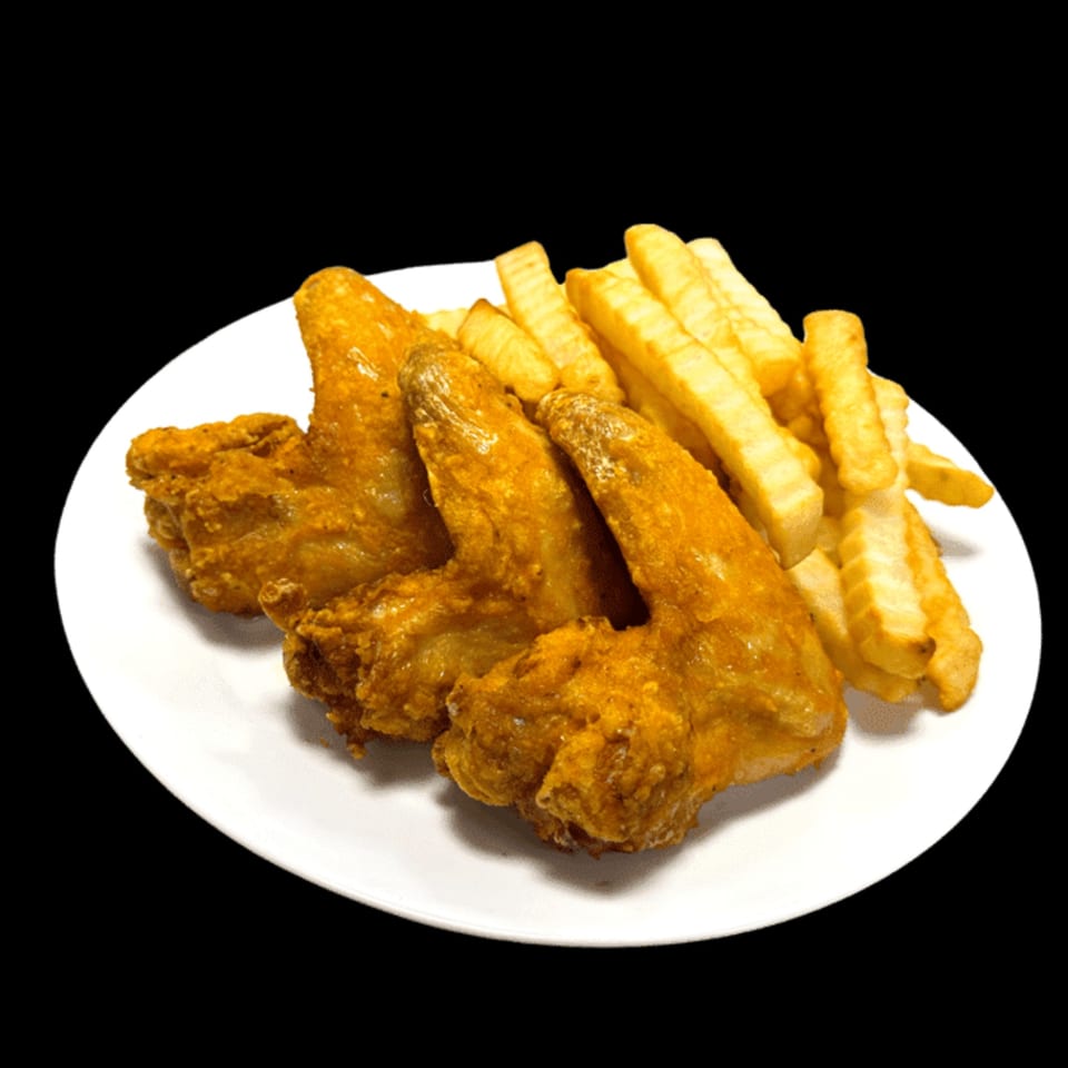 Three golden-brown AMERICA'S BEST WINGS chicken wings and a pile of crinkle-cut fries on a white plate.