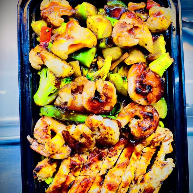 Shrimp and Chicken Rice Bowl.
