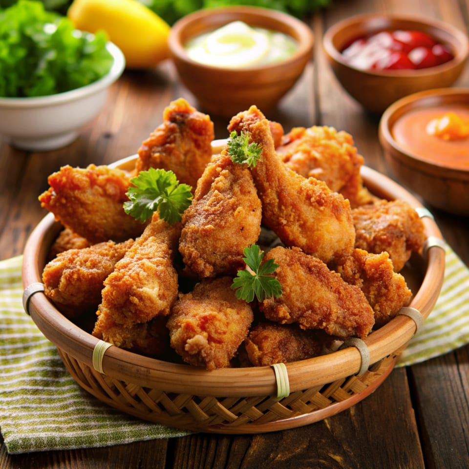 Crispy fried chicken wings in a woven basket, garnished with parsley, surrounded by dipping sauces.