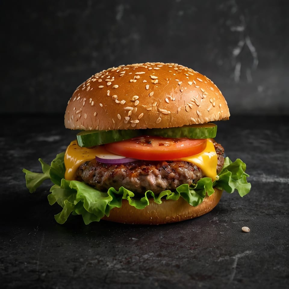 A delicious deli burger with melted cheese, lettuce, tomato, onion, and pickles on a sesame bun.